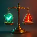 Miniatura: Balança comparando riscos e benefícios da IA.