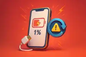 Ilustração de celular com 1% de bateria e alerta de atualização crítica.