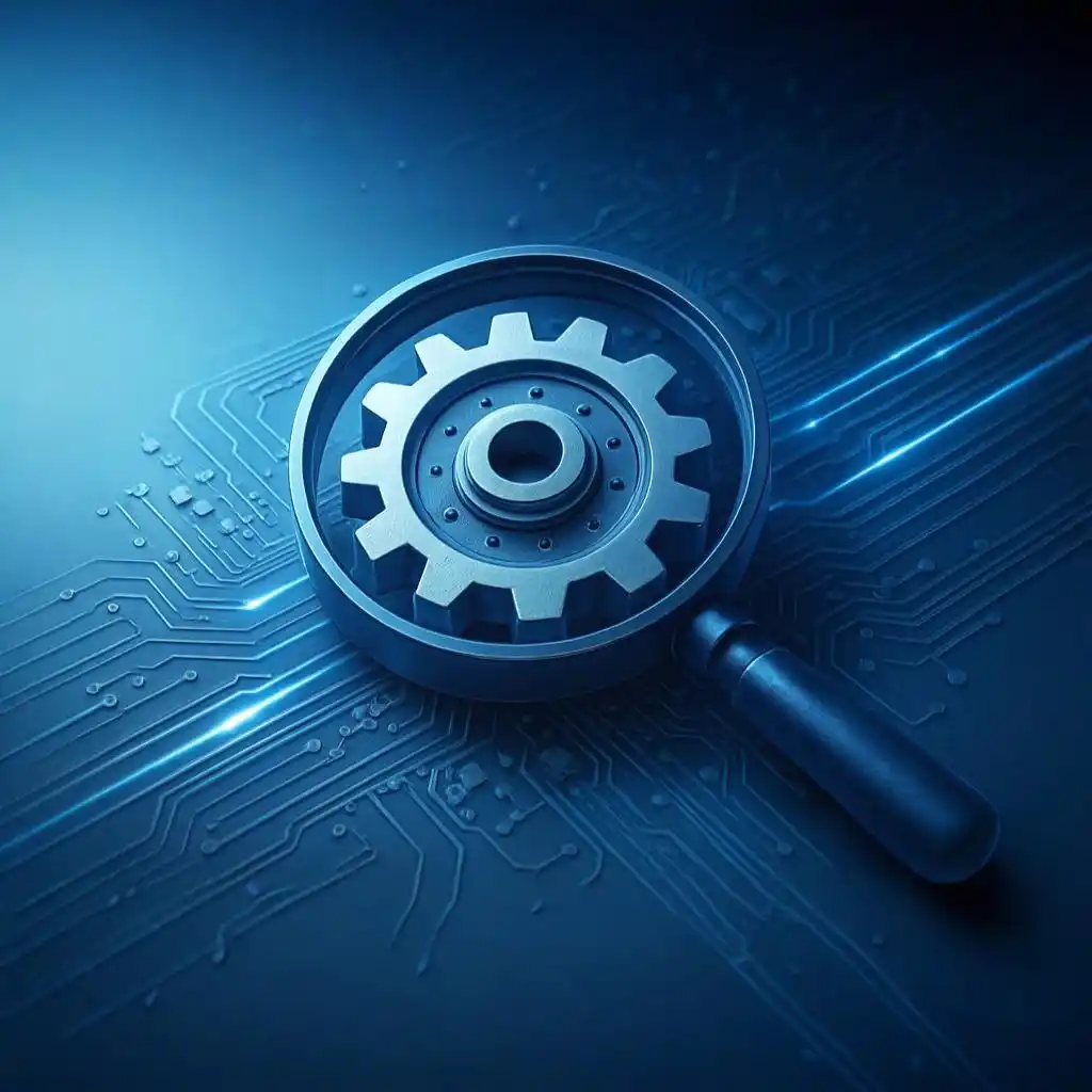 Ilustração de soluções detalhadas em tecnologia, com engrenagem e lupa.