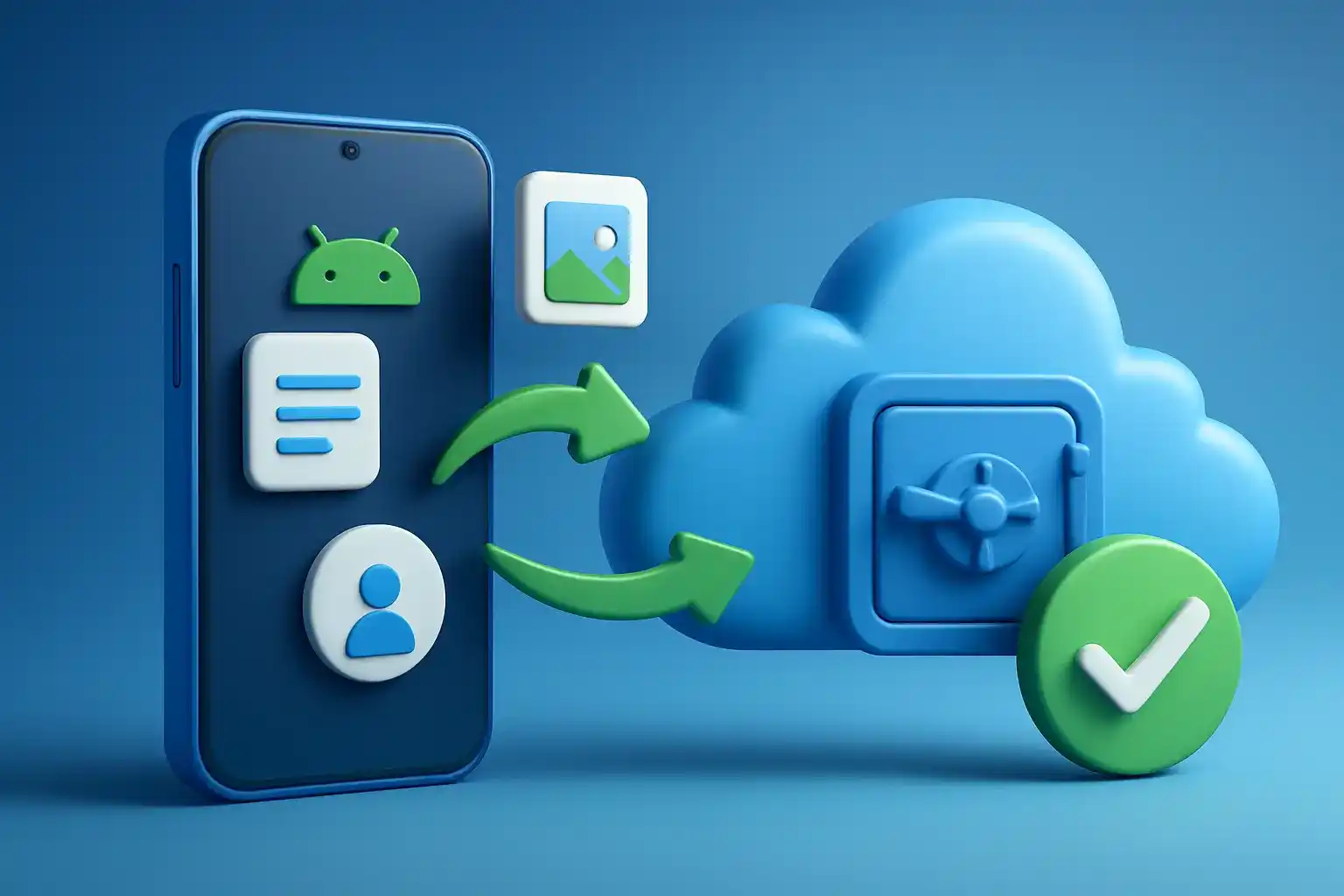 No centro da imagem, um smartphone Android estilizado em 3D. Dele emanam ícones de dados (fotos, documentos, contatos) em direção a um grande ícone de nuvem 3D ou um cofre digital, simbolizando o backup. Setas em Lime Green (#00CF82) indicam o fluxo seguro dos dados.