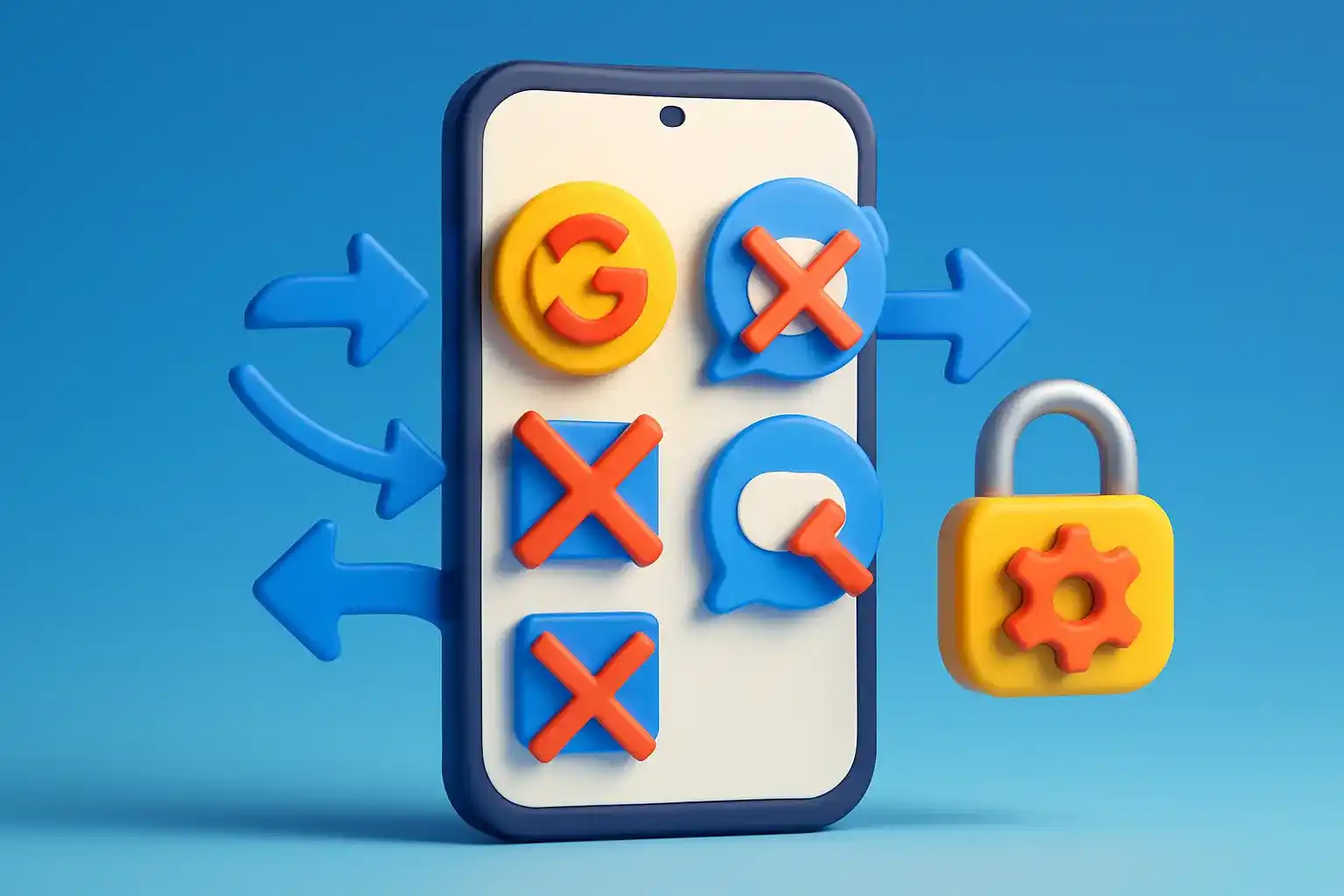 No centro da imagem, um smartphone Android estilizado em 3D. Em sua tela, diversos ícones de contas (Google ‘G’ em Amarelo Energético #FFC107, redes sociais genéricas, ícone de e-mail) são visíveis.