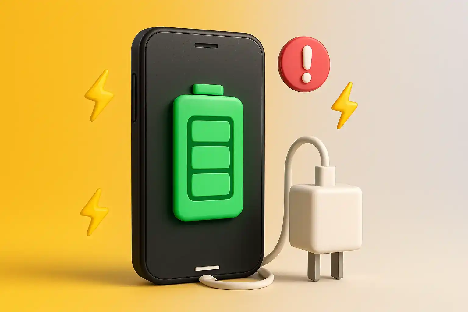 No centro da imagem, um smartphone Android estilizado em 3D, claramente conectado a um carregador com um cabo (também estilizado).