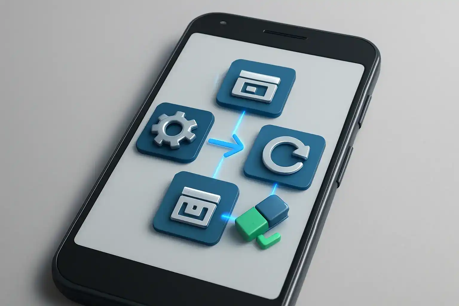 No centro da imagem, um smartphone Android estilizado em 3D. A tela do smartphone deve exibir uma interface de menu de configurações simplificada e clara.