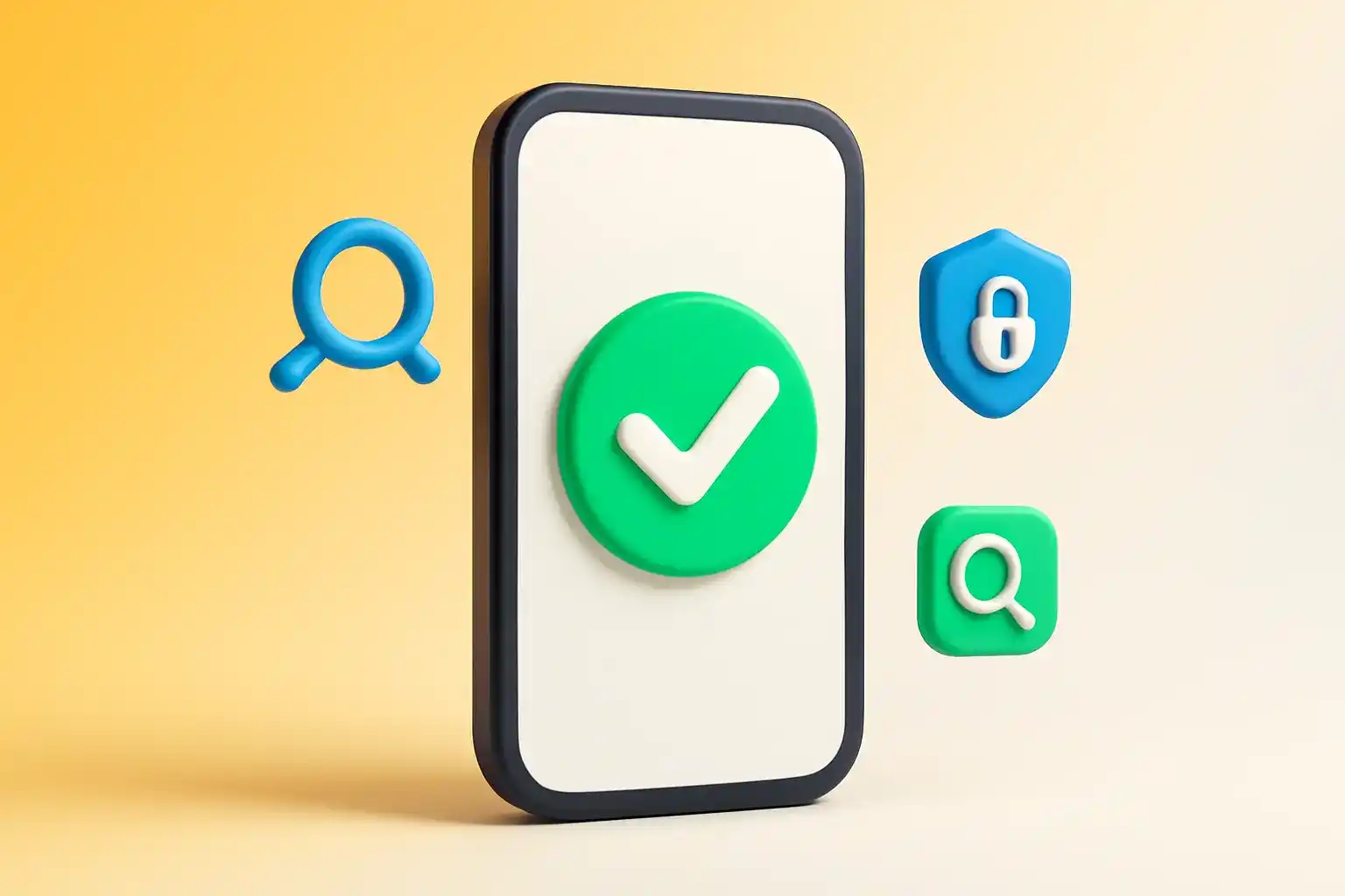 No centro da imagem, um smartphone Android estilizado em 3D com uma tela limpa e brilhante, exibindo um grande ícone de ‘check’ verde (Lime Green #00CF82) ou um ícone de ‘desbloqueado’ em destaque.
