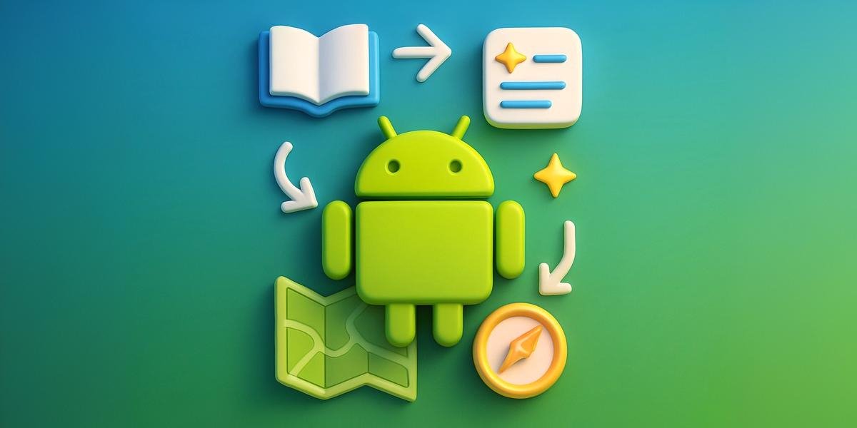 No centro da imagem, um grande ícone de Android estilizado em 3D (#A4C639),